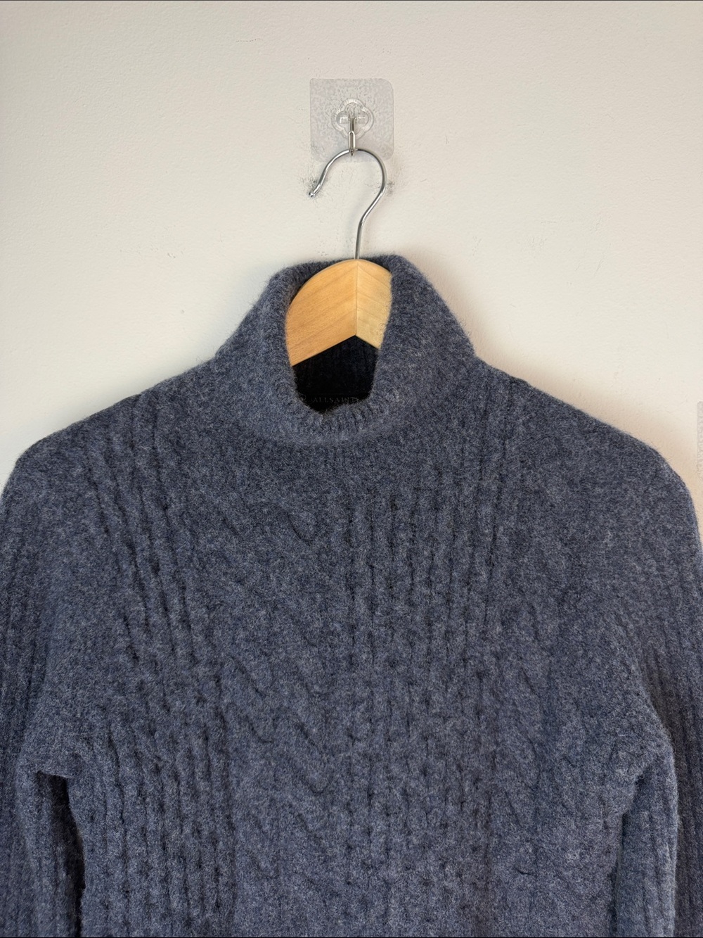 All Saints Claude Cropped Sweater Chunky Cable Knit Mock Neck Wool Blend SM Blue - Picture 8 of 16